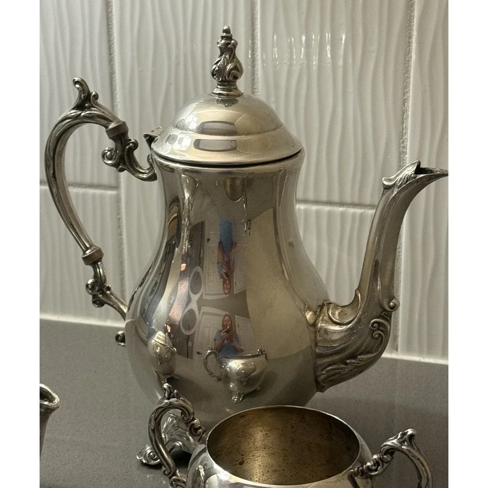 Vintage FB Rogers Silverplate Tea Coffee Pot Sugar Creamer W/ Lid Ornate Set 3